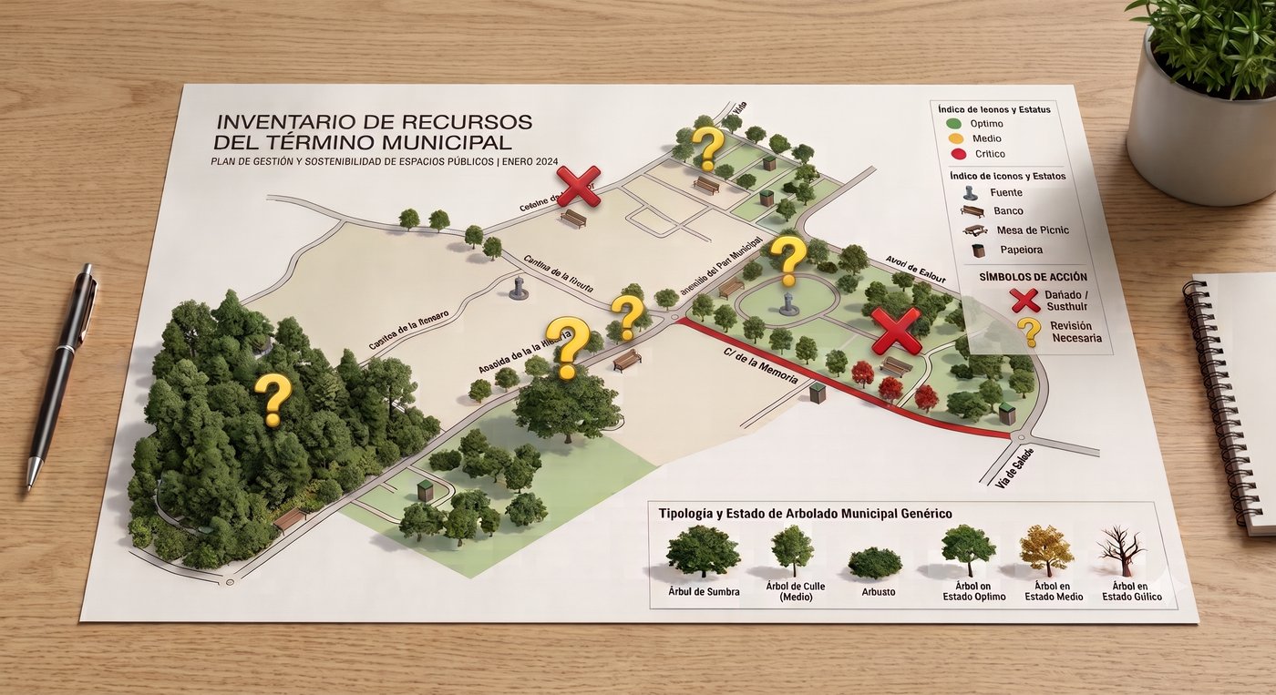 Inventario de arbolado urbano sobre un plano de la zona